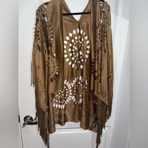 Unbranded One Size Brown Tan Faux Suede Cut Outs Boho Fringe Poncho/Kimono
